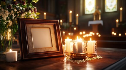  Photo Frame, Cremation Urn, and Candles in Church 8K Realistic