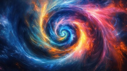 Naklejka premium Cosmic Swirl: A mesmerizing abstract image of a vibrant, swirling nebula, with fiery oranges and blues creating a captivating vortex. The image evokes a sense of mystery and wonder.
