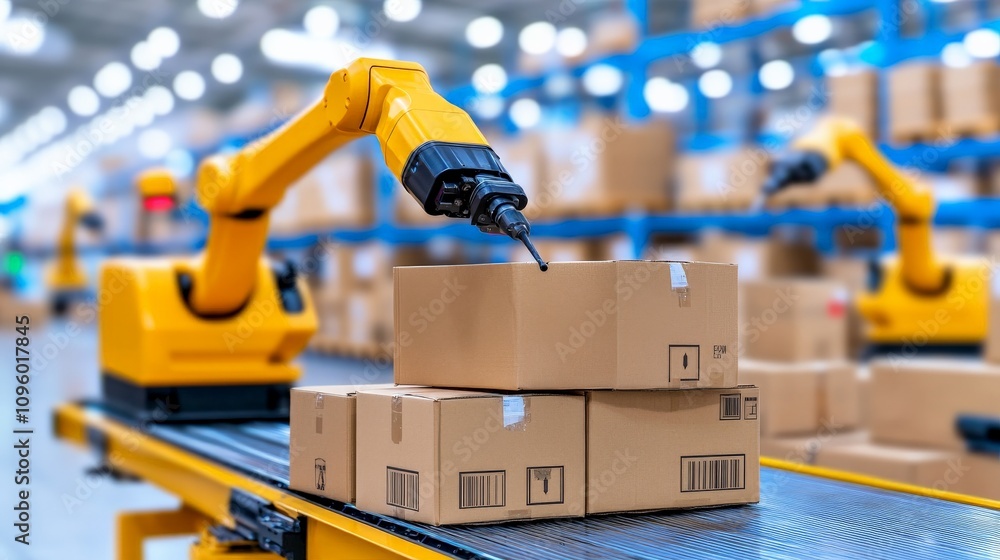 Aufkleber automated efficiency: a close-up view of a yellow robotic arm in a modern warehouse, meticulously ha