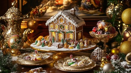 Fototapeta premium Gingerbread house with icing decorations, colorful candies, Christmas ornaments