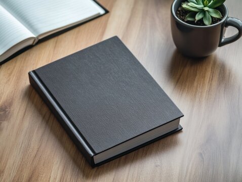 Dark hardcover book mockup on wooden desk with notebook and succulent.