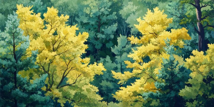 Vibrant green and yellow flaglets stand out against a lush background of trees, creating a lively scene filled with color and natural beauty. The flaglets enhance the visual appeal of the trees.
