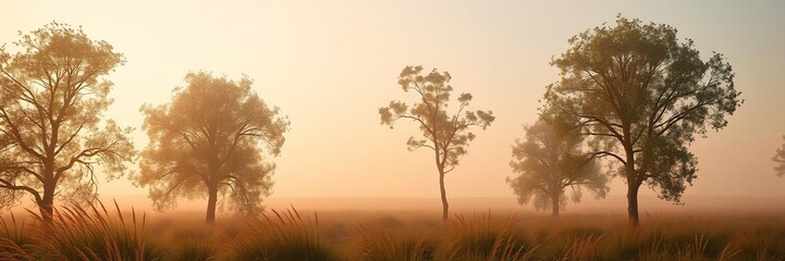 Obraz premium Distant grass trees stand serenely in a misty dawn landscape their leaves rustling softly in the morning breeze, landscape, dawn, trees