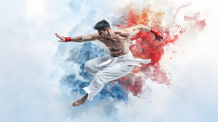 Naklejka premium Dynamic Fusion of Muay Thai and thai boxing Art Styles: A Collection of Playful Doodles, Bold Pop Art, and Cultural for Posters, Tags, and Banners with Text Space Integration