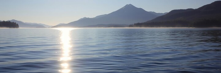 Fototapeta premium Early morning light dancing across the waves of a peaceful lake with Mount Shuksan in view, lake, reflection
