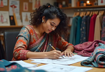 An Indian female fashion designer drawing sketches for a clothing collection. She is surrounded by colorful fabrics featuring traditional patterns, reflecting the rich heritage of Indian textile art