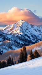 Majestic mountain landscape at sunset with snow-covered peaks