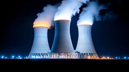 Nighttime Nuclear Power Plant: Majestic view of three illuminated cooling towers at a nuclear power plant at night, emitting steam against a dark sky.