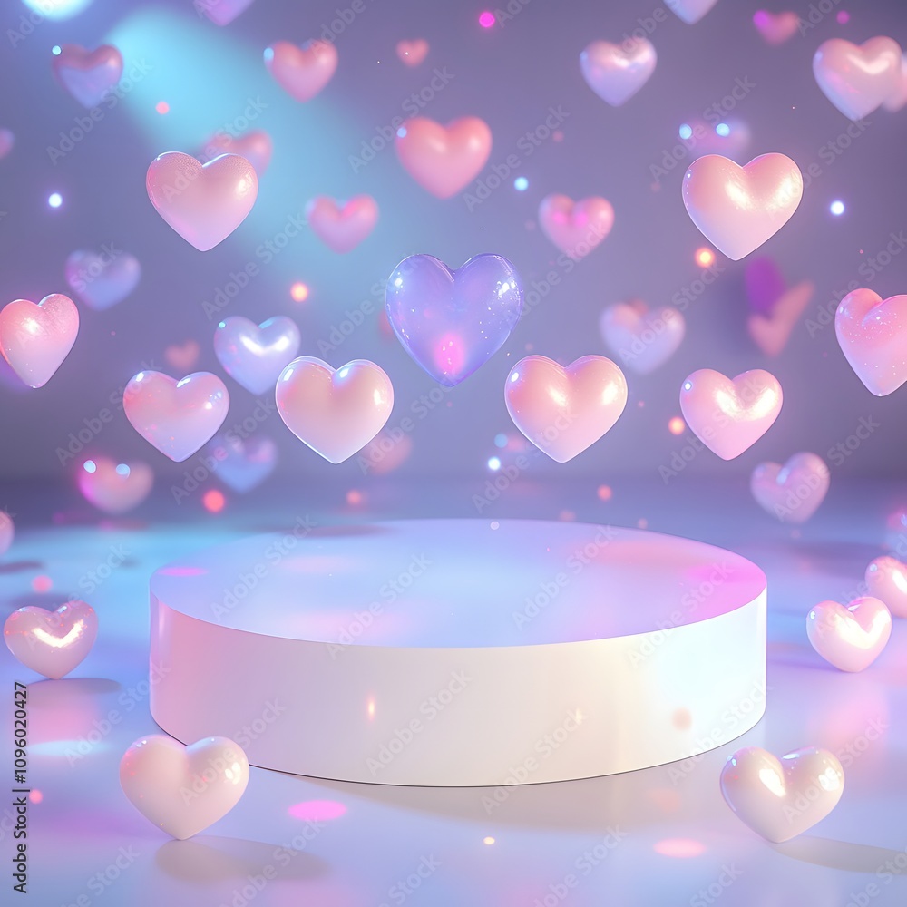 Poster a large podium with a soft, reflective surface, surrounded by floating hearts and glowing pastel lig