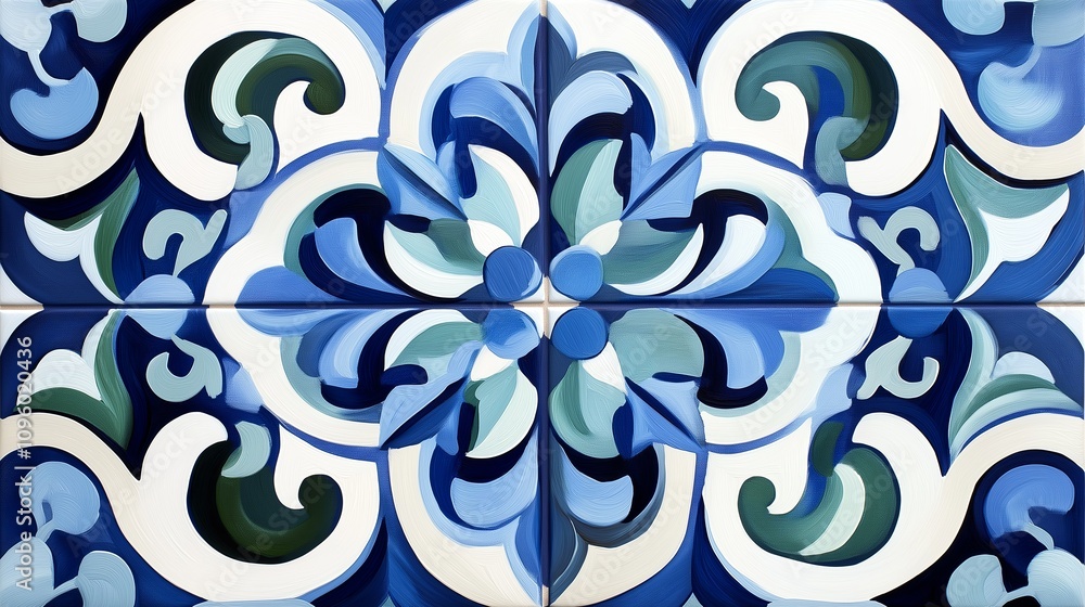 Poster abstract depiction of moroccan tile patterns in muted blues and greens
