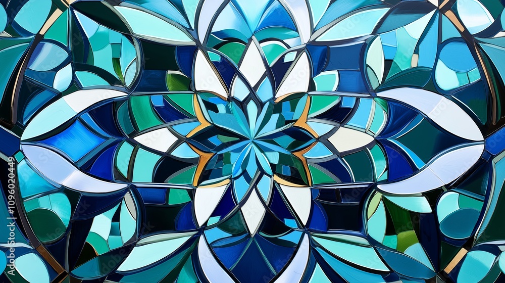 Poster abstract depiction of moroccan tile patterns in muted blues and greens