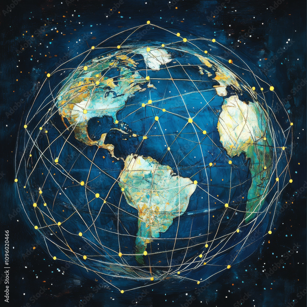 Aufkleber global network connectivity with a world map represented through a composition of points and lines, 