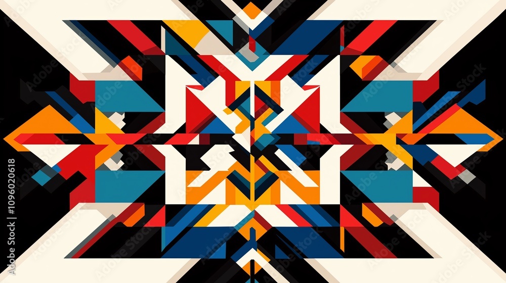 Poster abstract geometric shapes in bold primary colors arranged symmetrically