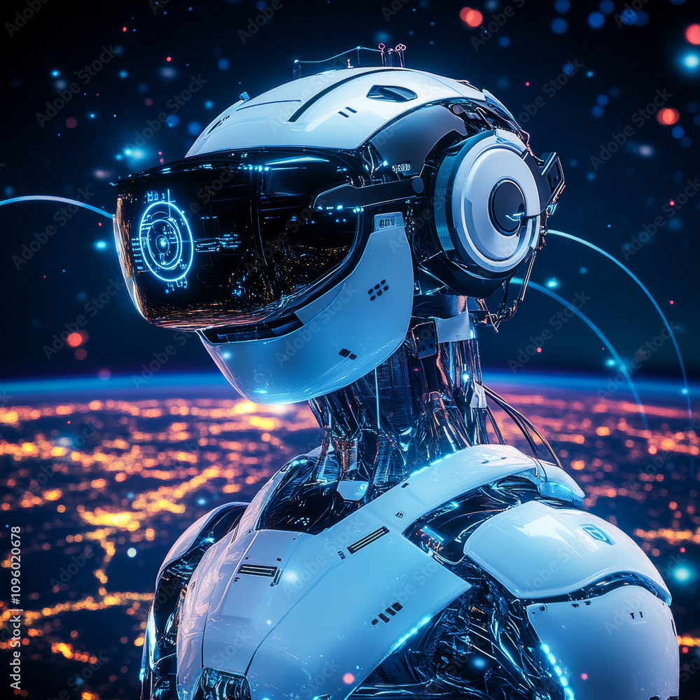 Poster metaverse vr simulation gaming in a cyberpunk style, featuring a digital robot with ai. highlights i