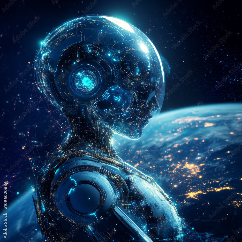 Poster metaverse vr simulation gaming in a cyberpunk style, featuring a digital robot with ai. highlights i