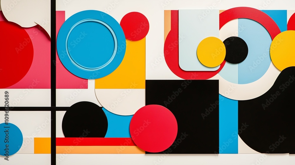 Poster abstract geometric shapes in bold primary colors arranged symmetrically