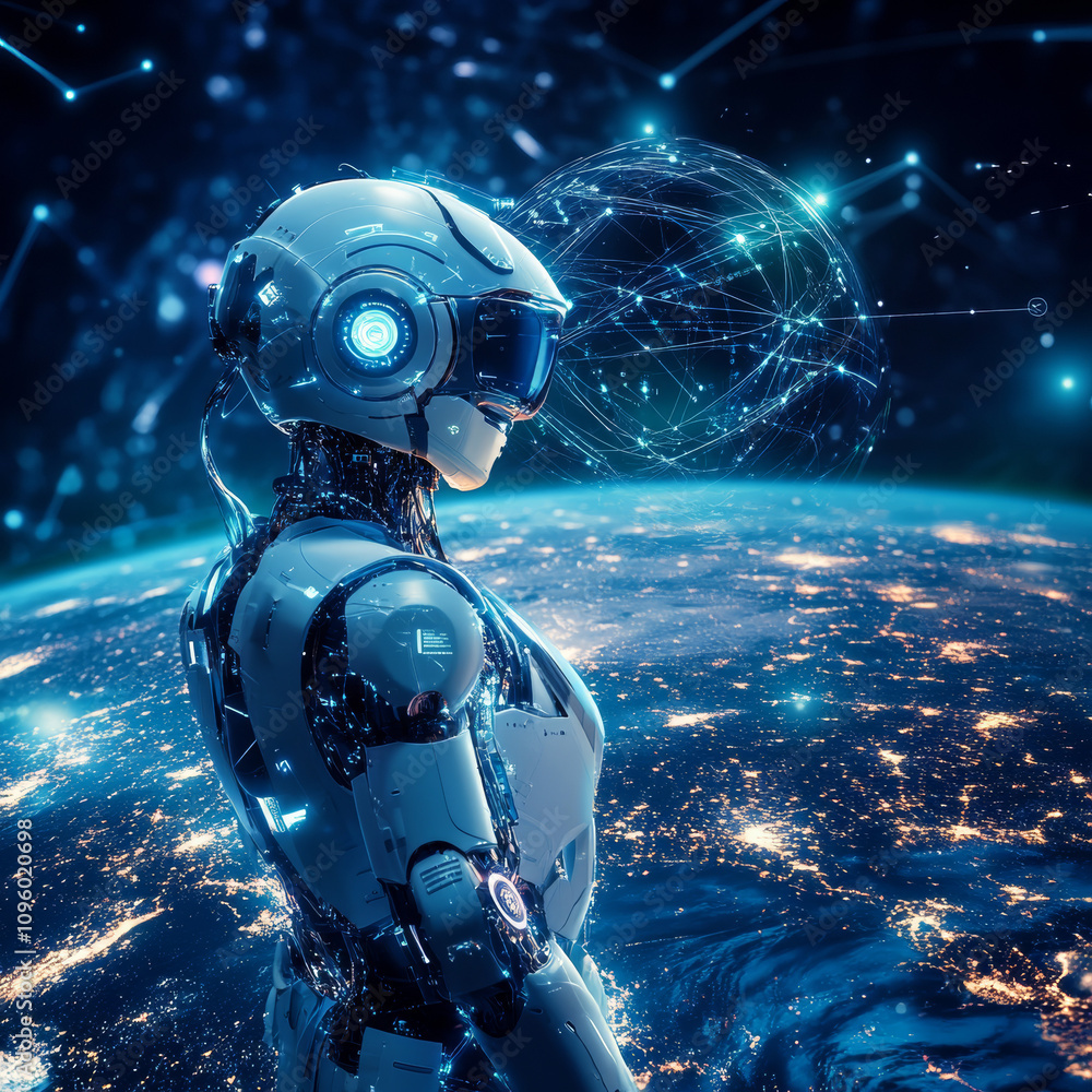 Poster metaverse vr simulation gaming in a cyberpunk style, featuring a digital robot with ai. highlights i