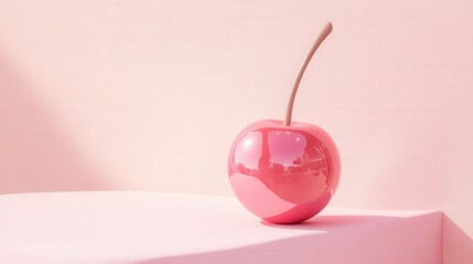 Obraz premium A Single Shiny Pink Cherry on Pink Background