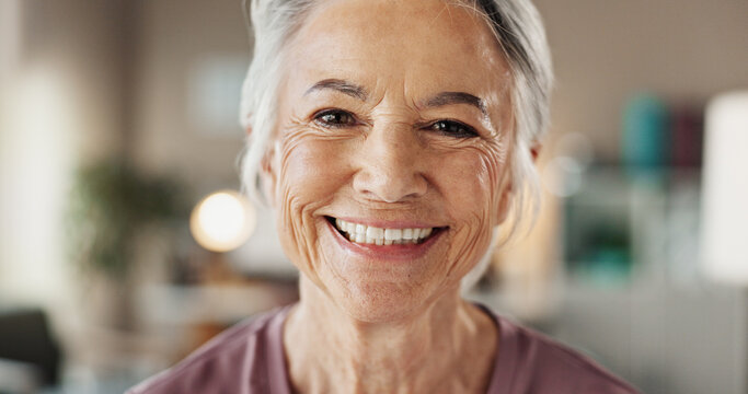 Mature woman, portrait and smile with dental treatment, whitening results and cleaning confidence. Hygiene, mouth health and cosmetics for dentures, oral care and satisfaction for teeth aesthetic