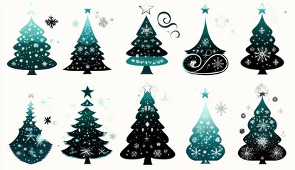 Decorative Compilation of Unique Christmas Trees with Snowflakes and Stars in Vibrant Colors for Holiday-Themed Designs and Celebrations