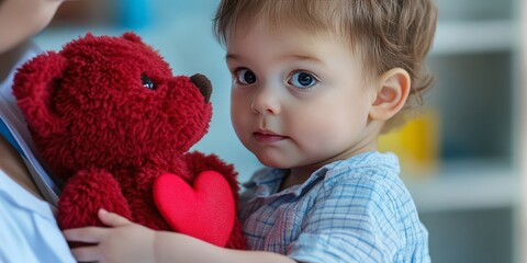 Little child at a pediatrician s reception listens to a red heart toy bear. This physical exam highlights a cute infant portrait, promoting a healthy lifestyle and awareness of myocardial health.