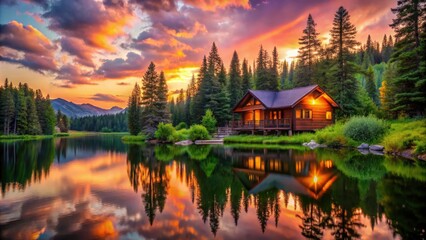 Fototapeta premium Rustic Luxury Cabin in Lush Forest Overlooking Tranquil Lake at Sunset