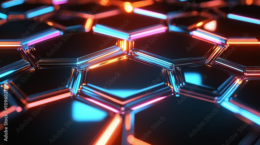 Poster Abstract metallic hexagonal tiles with glowing LED edges in cyan and orange