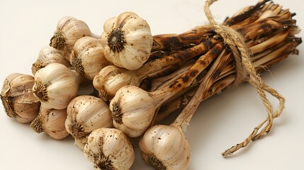 A bundle of smoked garlic isolated on a white background