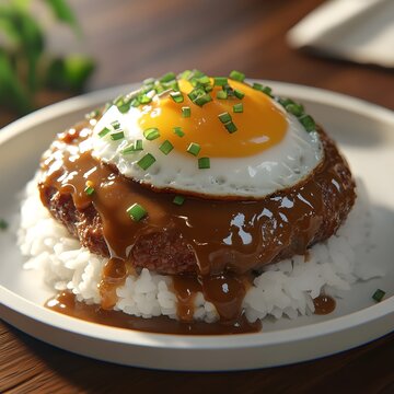 Hawaiian loco moco, featuring a bed of white rice topped with a hamburger patty, a fried egg, and rich brown gravy. Garnished with chopped green onions and served on a white ceramic plate.