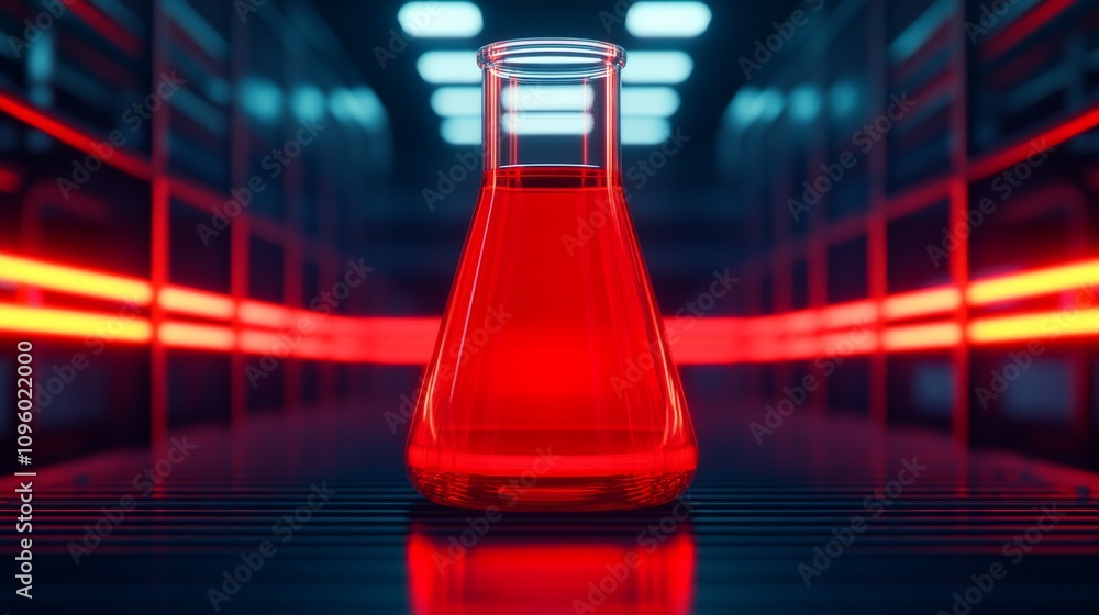 Poster red potion in a futuristic lab: a single flask filled with a vibrant red liquid stands in the center