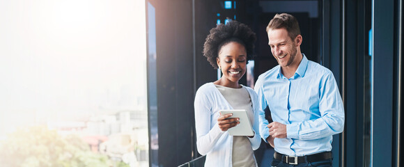 Tablet, team planning and happy business people talk, brainstorming idea or creative solution in...