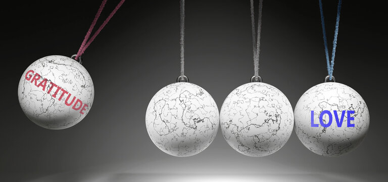 Gratitude and Love - cause and effect relationship. A Newton cradle metaphor showing how gratitude results in love. It initiates love. ,3d illustration