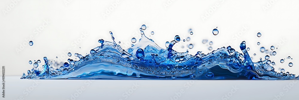 Poster a vibrant splash of blue water with droplets, creating a dynamic and refreshing visual effect.