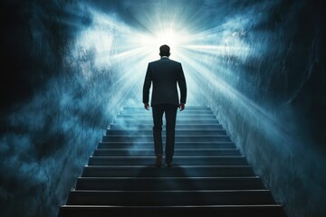 Obraz premium Businessman Walking Up the Stairs to Success - Progress Concept