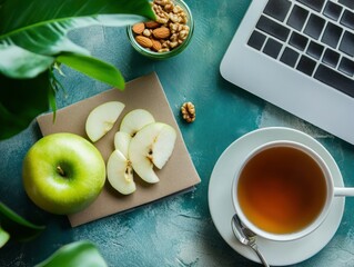 Healthy workspace with tea, apple slices, nuts, and laptop.