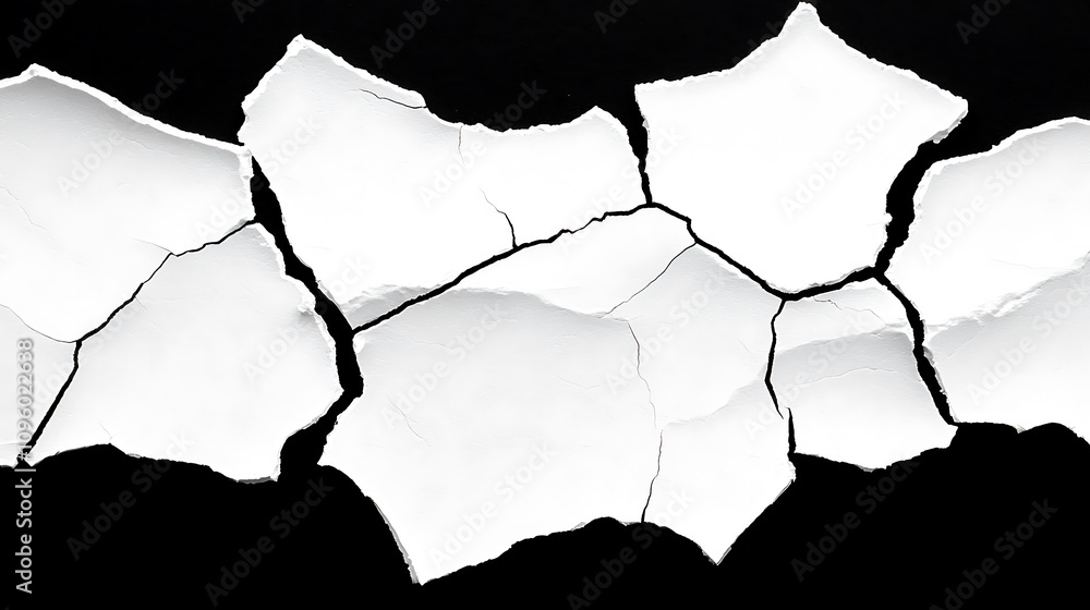 Poster cracked white paper background texture with irregular edges on black canvas creating artistic contra