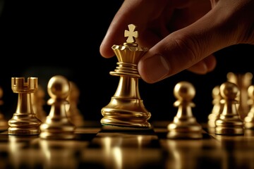 Businessman Moving a Golden Queen Chess Piece on a Board - A Big Strategy Business Concept