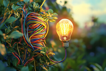 Bright lightbulb surrounded by colorful wires intertwined with green foliage at sunset