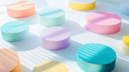 Vibrant 3D graphs and pie charts in colorful pastels showcase dynamic data visualization, casting playful shadows on a white surface.
