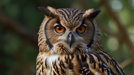 Obraz premium Close-up portrait of a majestic owl with intense orange eyes, detailed feathers, and a blurred green background.