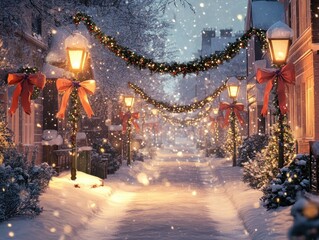 Fototapeta premium Snowy Christmas street scene with illuminated lampposts, garlands, and snow falling.