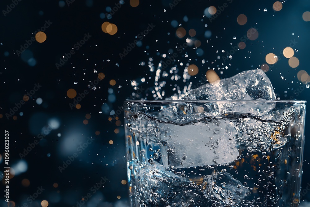 Poster a close-up shot of a glass filled with sparkling water and ice, with droplets and splashes creating 