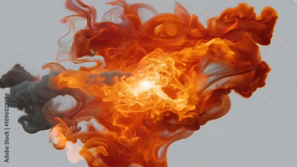 Poster vibrant explosion of orange and gray smoke swirls creates dynamic visual effect, with fiery core rad