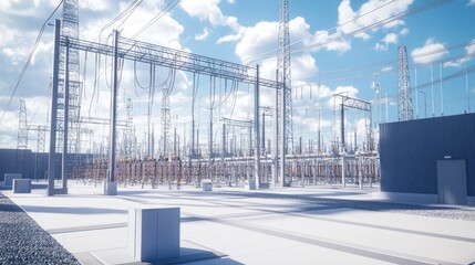 Obraz premium A modern electrical substation with towers and equipment under a blue sky.