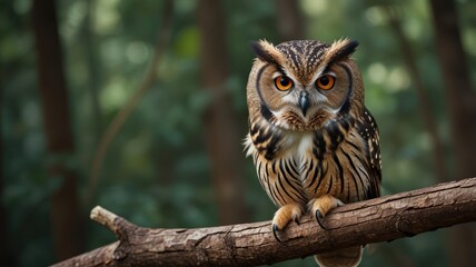 Fototapeta premium A majestic owl perched on a branch, staring intently.