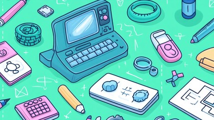 Vintage Technology and Office Supplies in Playful Illustration Featuring Retro Computer, Stationery Items, and Creative Tools on a Bright Colorful Background
