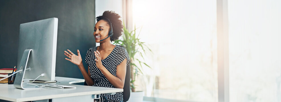Banner, call center and talking with business black woman in office for consulting, customer service and agent. Contact us, help desk advisor and telemarketing with person in communication agency