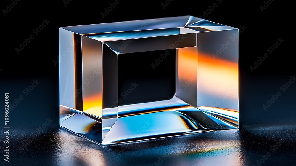 Poster Crystal Glass Block with Sharp Edges and Reflections Capturing Vibrant Light Creating Artistic Patterns on a Dark Background
