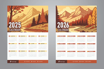 one page wall calendar design for 2025 and 2026 with scenery mountain background