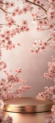 A polished podium with gold elements, set against a muted background of cherry blossoms, with plenty of space to highlight a product in the center.